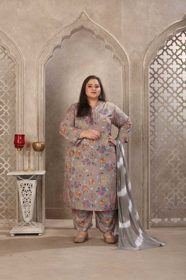 Grey Floral Printed Rayon Straight Cut Suit Set