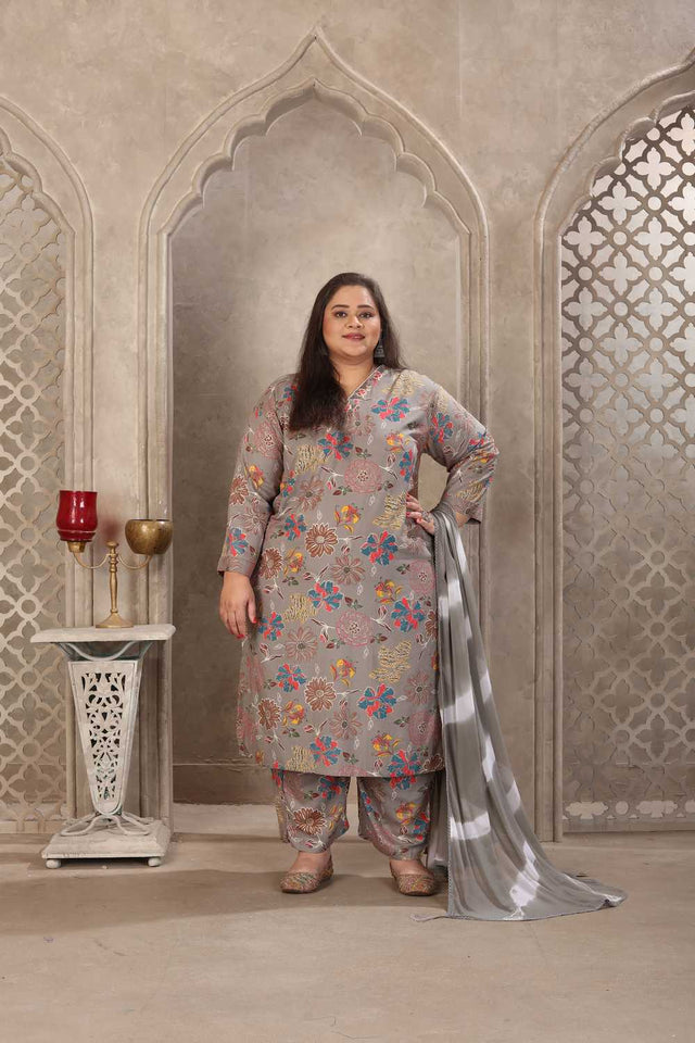 Grey Floral Printed Rayon Straight Cut Suit Set