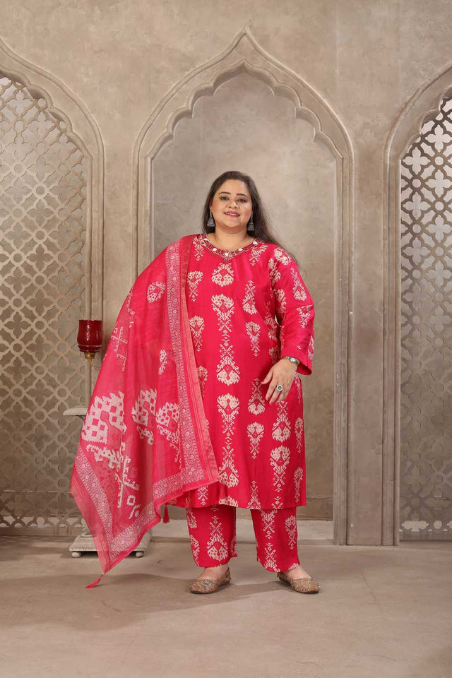 Pink Floral Printed Viscose Straight Cut Suit Set