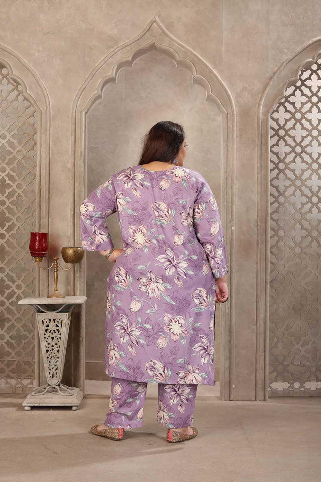 Lavender Floral Printed Rayon Straight Cut Suit Set