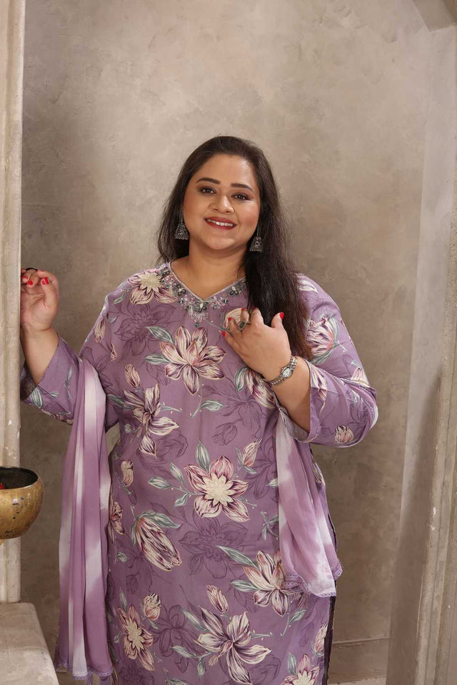 Lavender Floral Printed Rayon Straight Cut Suit Set