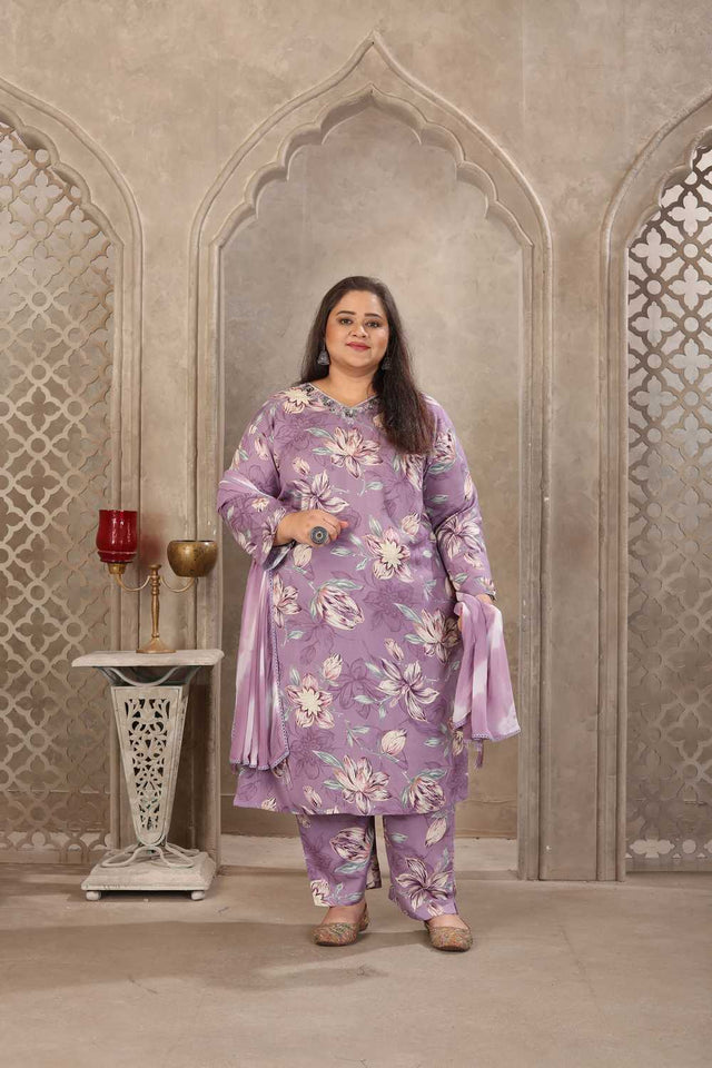 Lavender Floral Printed Rayon Straight Cut Suit Set