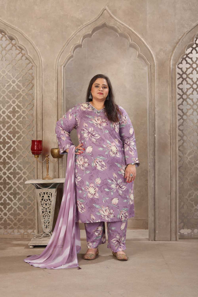 Lavender Floral Printed Rayon Straight Cut Suit Set