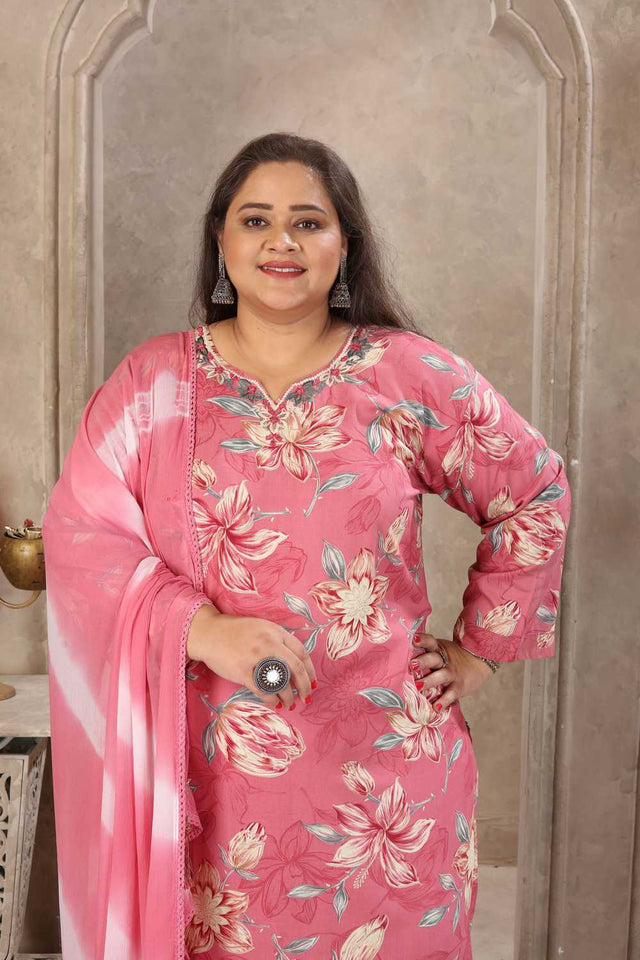 Pink Floral Printed Rayon Straight Cut Suit Set