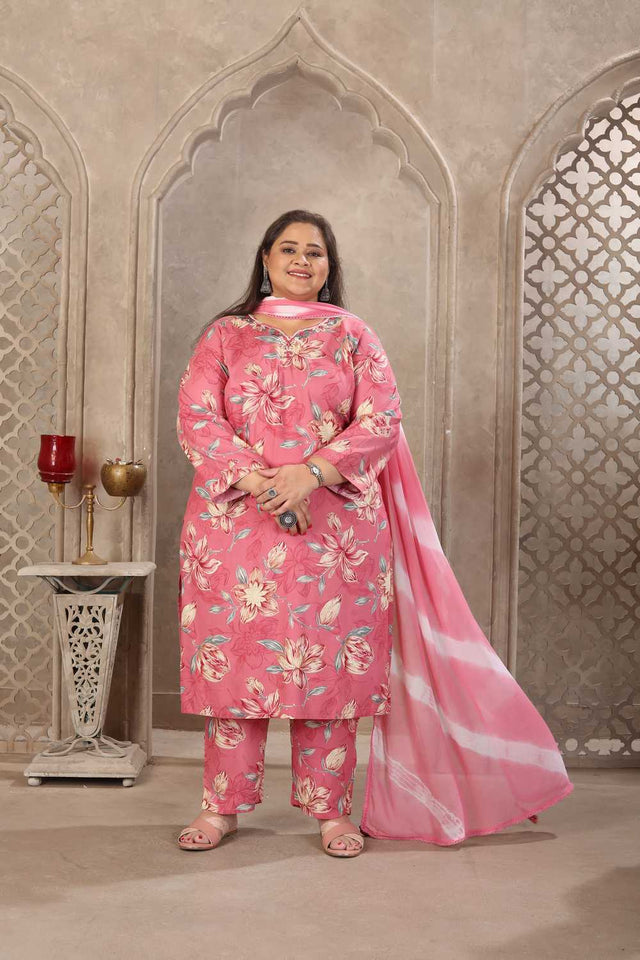 Pink Floral Printed Rayon Straight Cut Suit Set