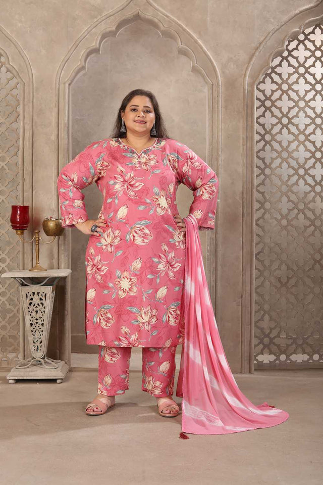 Pink Floral Printed Rayon Straight Cut Suit Set