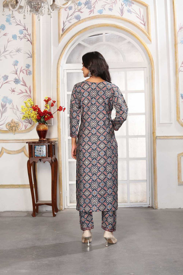 Blue Printed Chanderi Straight Cut Suit Set