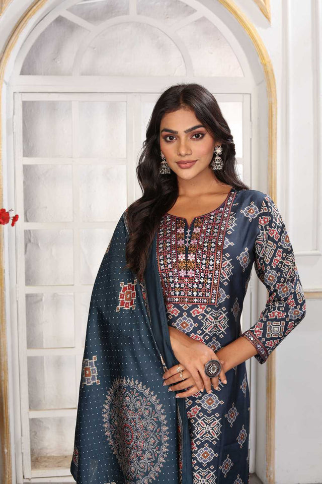 Blue Printed Chanderi Straight Cut Suit Set