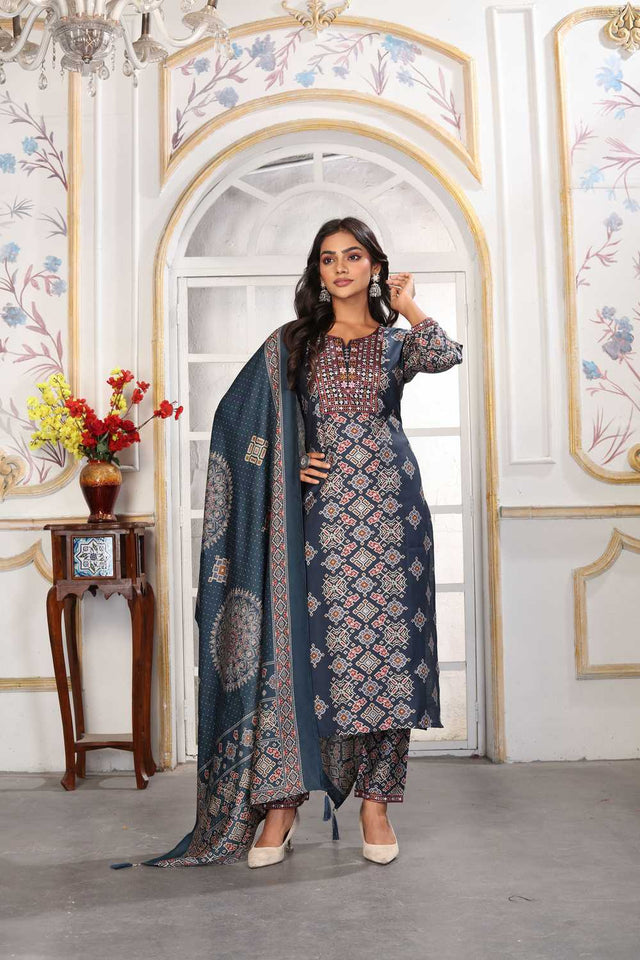 Blue Printed Chanderi Straight Cut Suit Set