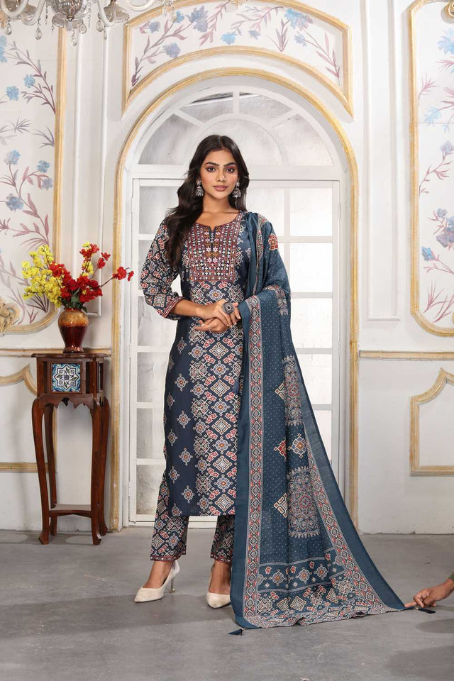 Blue Printed Chanderi Straight Cut Suit Set