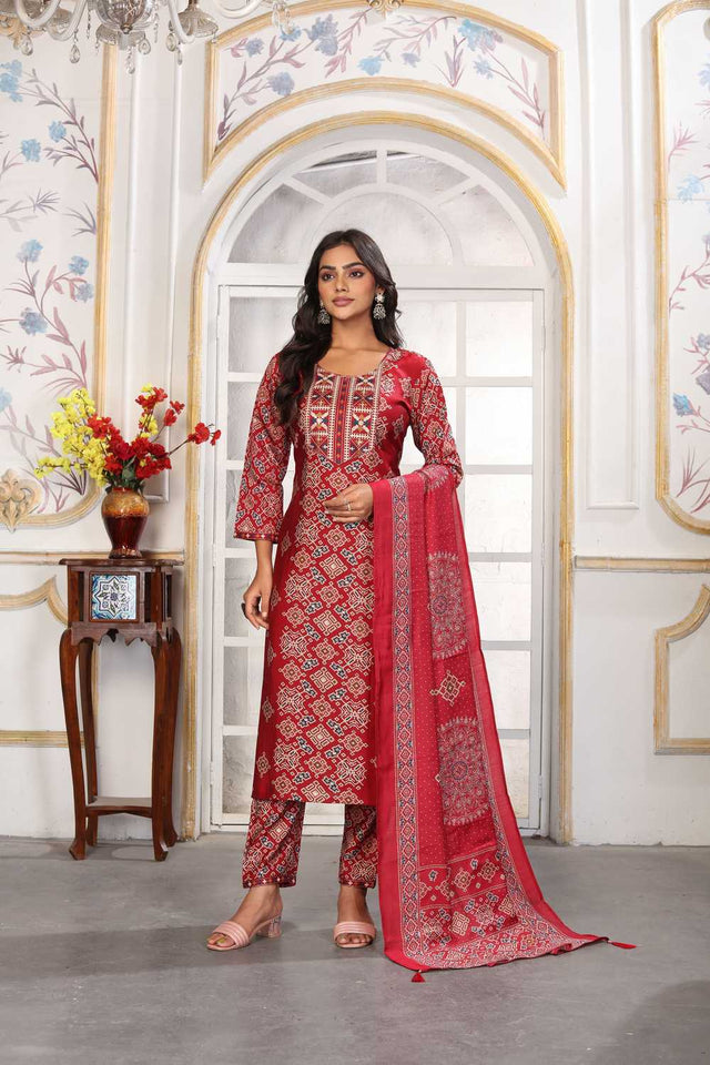 Red Printed Chanderi Straight Cut Suit Set