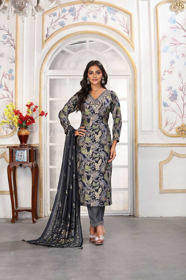 Black Floral Printed Chanderi Straight Cut Suit Set