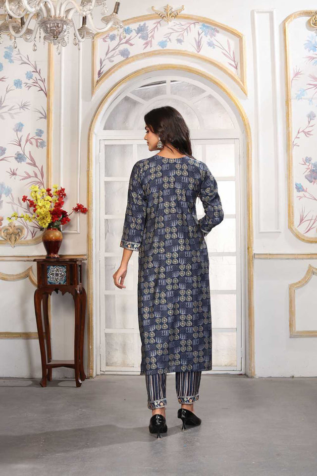 Blue Printed Chanderi Straight Cut Suit Set