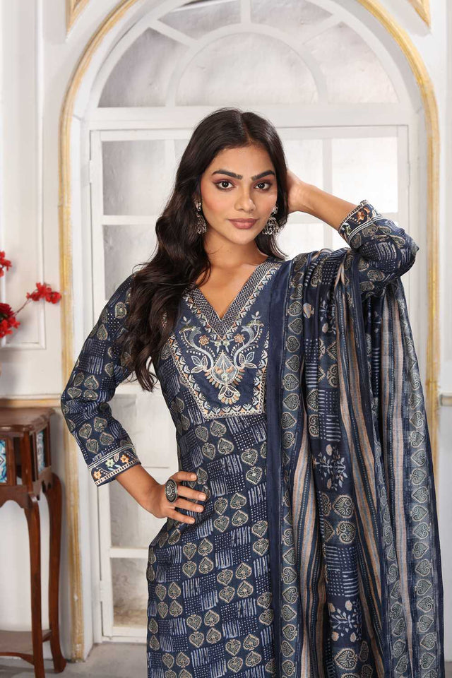 Blue Printed Chanderi Straight Cut Suit Set