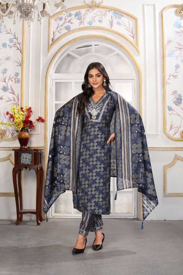 Blue Printed Chanderi Straight Cut Suit Set
