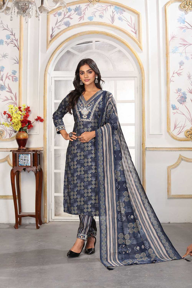 Blue Printed Chanderi Straight Cut Suit Set