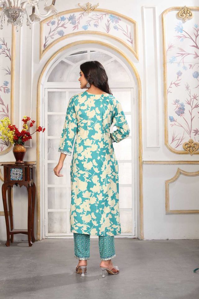 Sea Green Floral Printed Rayon Straight Cut Suit Set
