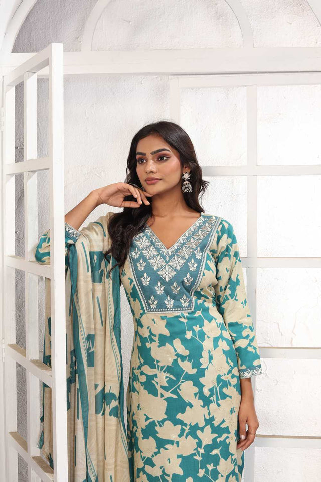 Sea Green Floral Printed Rayon Straight Cut Suit Set