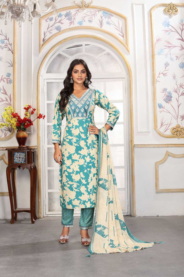 Sea Green Floral Printed Rayon Straight Cut Suit Set