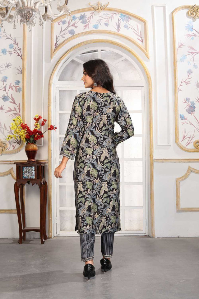Black Floral Printed Chanderi Straight Cut Suit Set