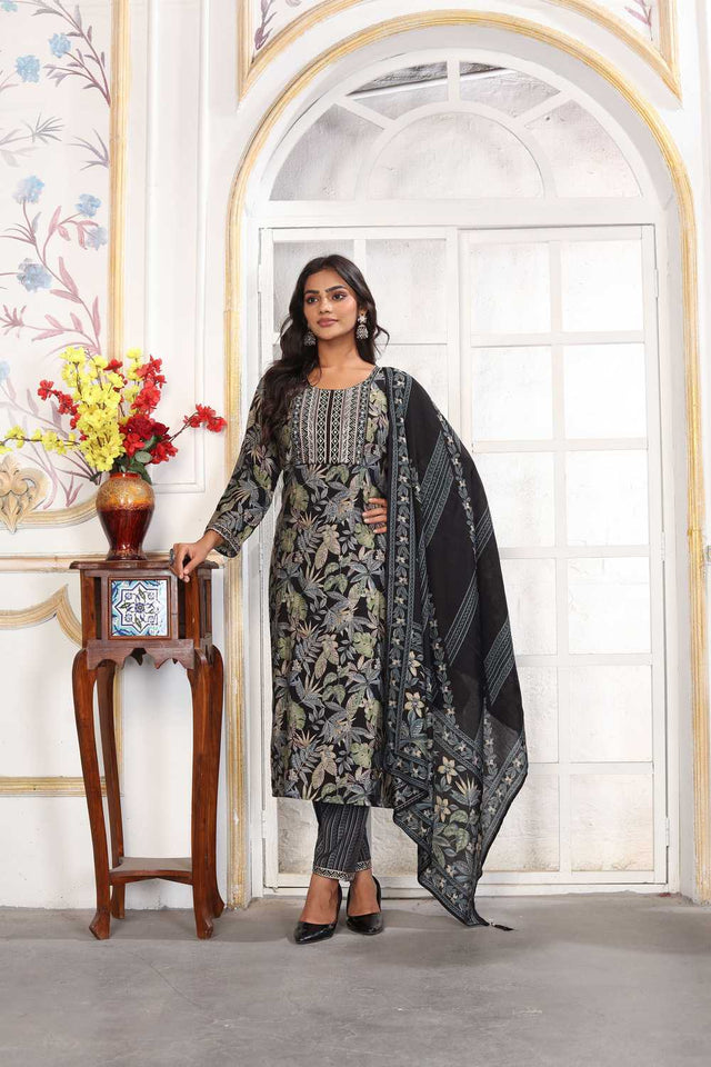 Black Floral Printed Chanderi Straight Cut Suit Set
