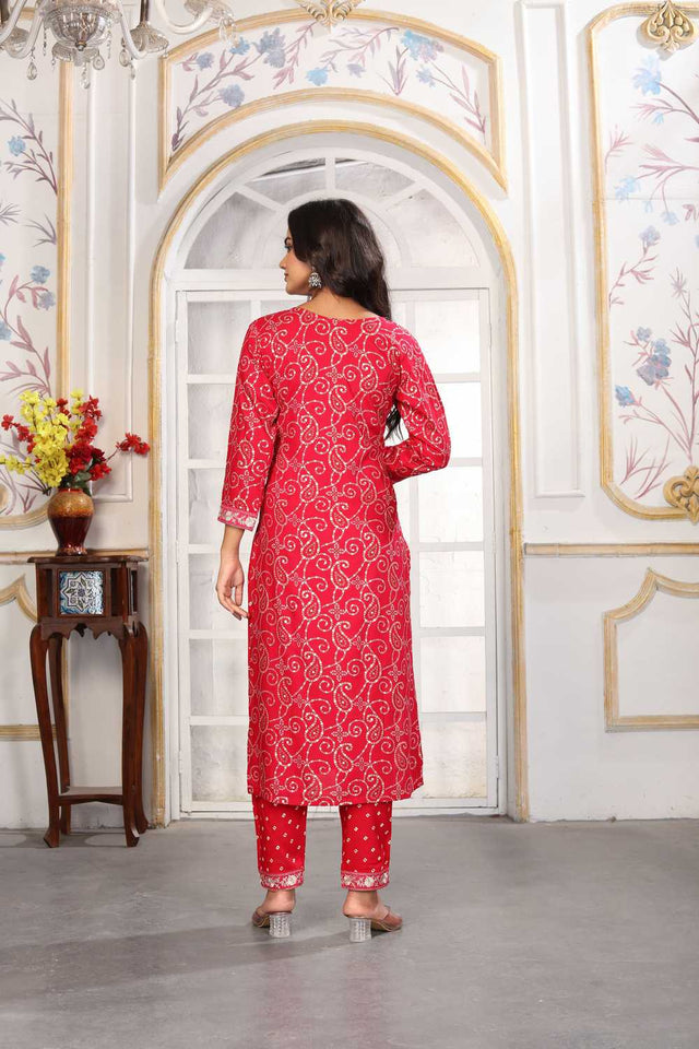 Pink Bandhani Printed Rayon Straight Cut Suit Set