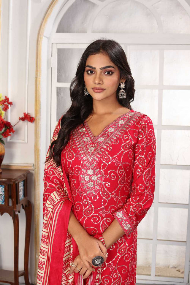 Pink Bandhani Printed Rayon Straight Cut Suit Set