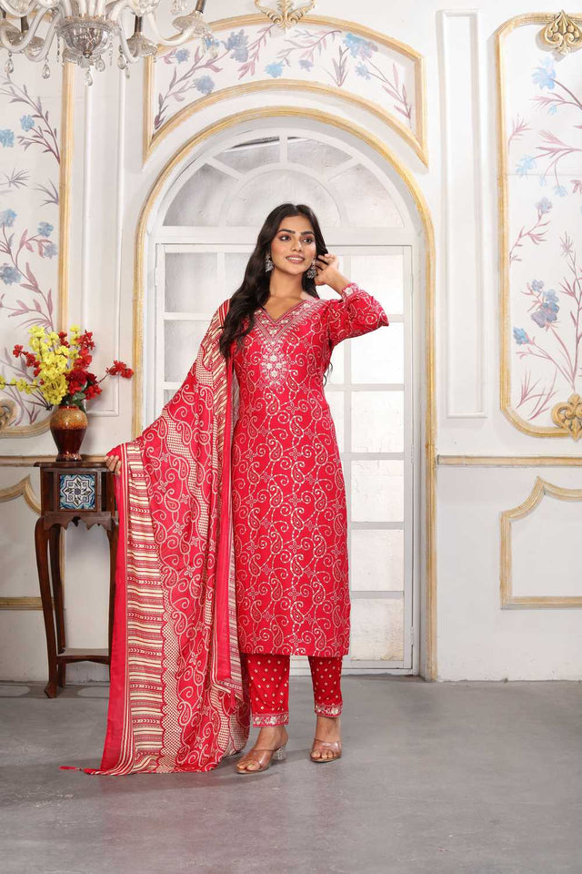 Pink Bandhani Printed Rayon Straight Cut Suit Set