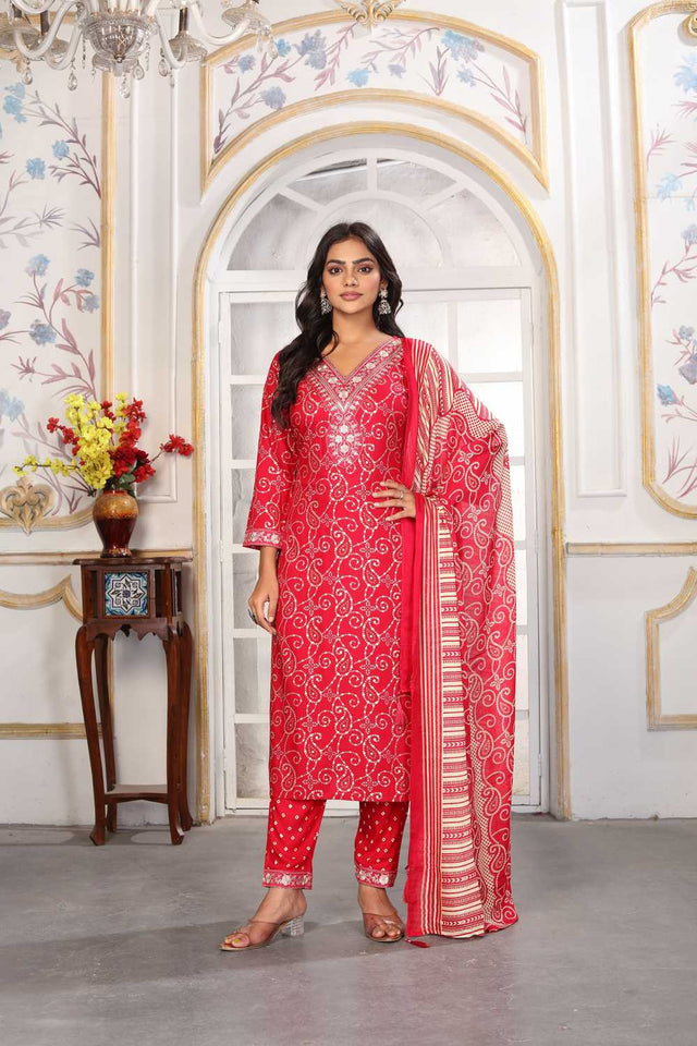 Pink Bandhani Printed Rayon Straight Cut Suit Set