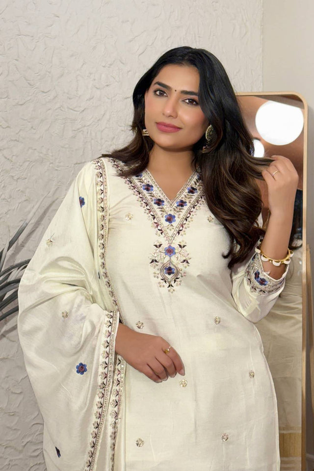 Cream Embroidered Viscose Straight Cut Suit Set