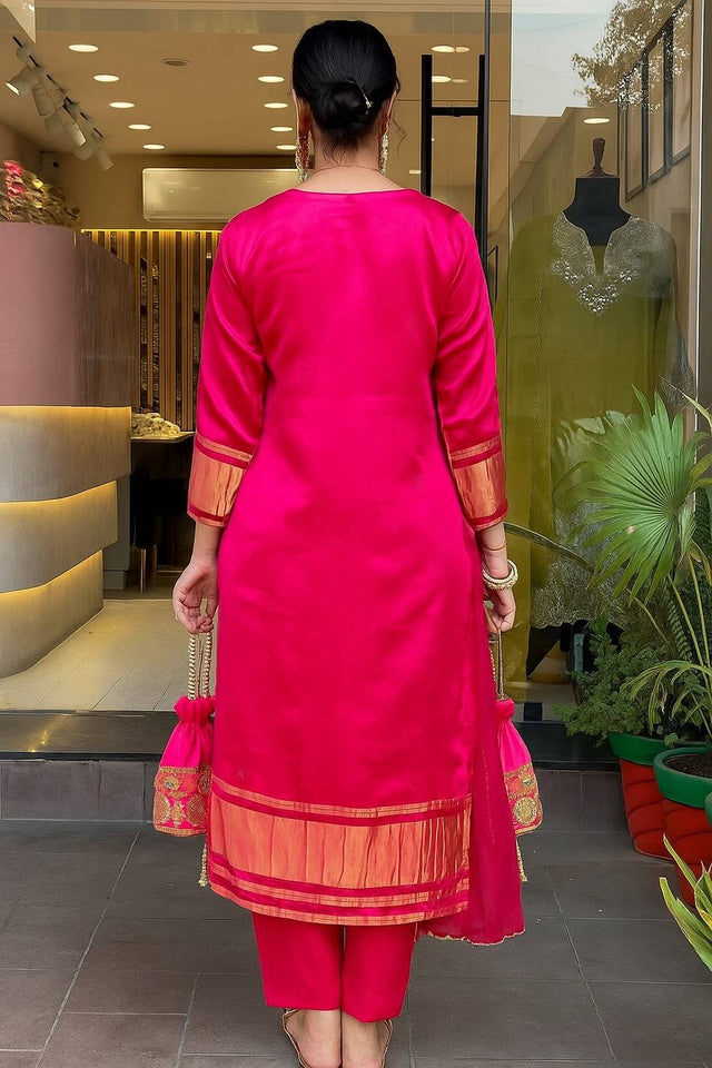 Pink Embroidered Viscose Straight Cut Suit Set