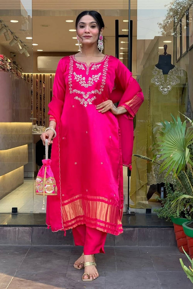 Pink Embroidered Viscose Straight Cut Suit Set