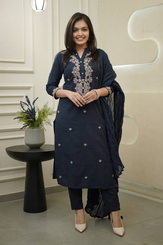 Blue Embroidered Rayon Straight Cut Suit Set