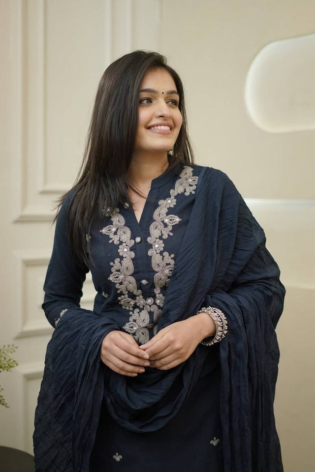 Blue Embroidered Rayon Straight Cut Suit Set