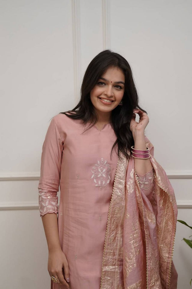 Peach Embroidered Chanderi Straight Cut Suit Set