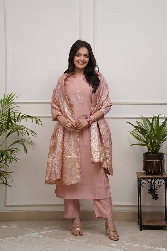 Peach Embroidered Chanderi Straight Cut Suit Set