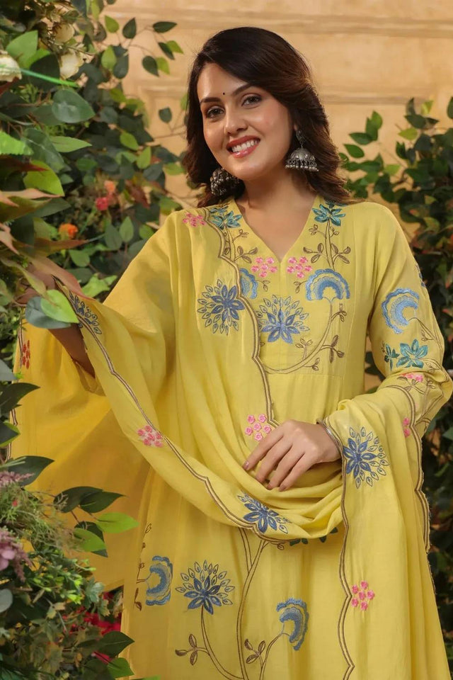 Yellow Embroidered Viscose Anarkali Suit Set