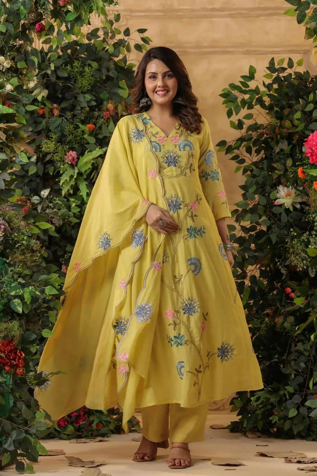 Yellow Embroidered Viscose Anarkali Suit Set