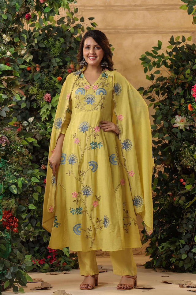 Yellow Embroidered Viscose Anarkali Suit Set