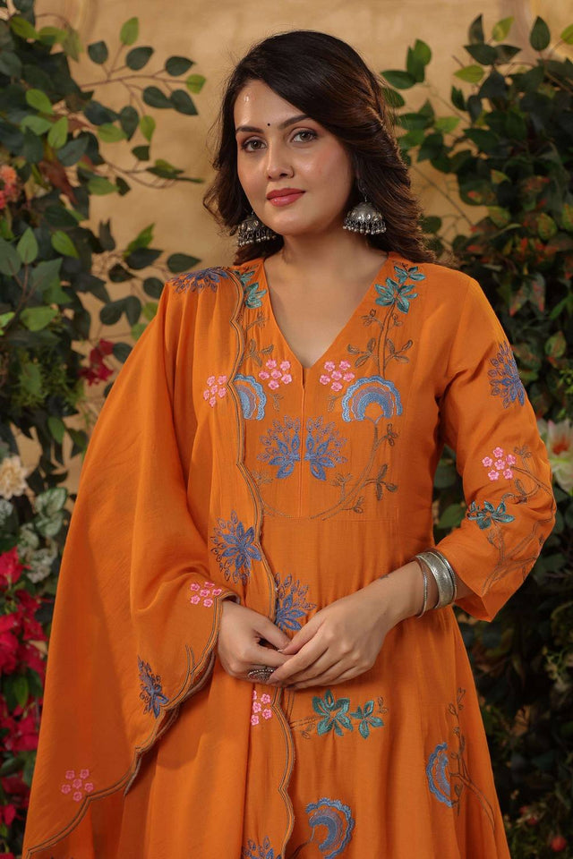 Orange Embroidered Viscose Anarkali Suit Set
