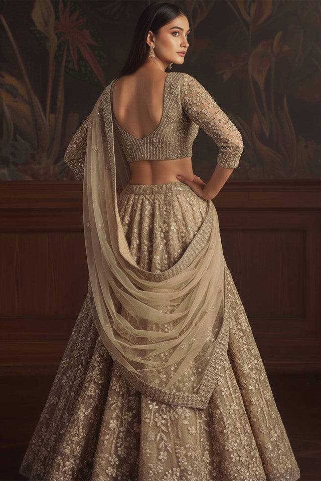 Golden Sequin with Embroidered Net Lehenga