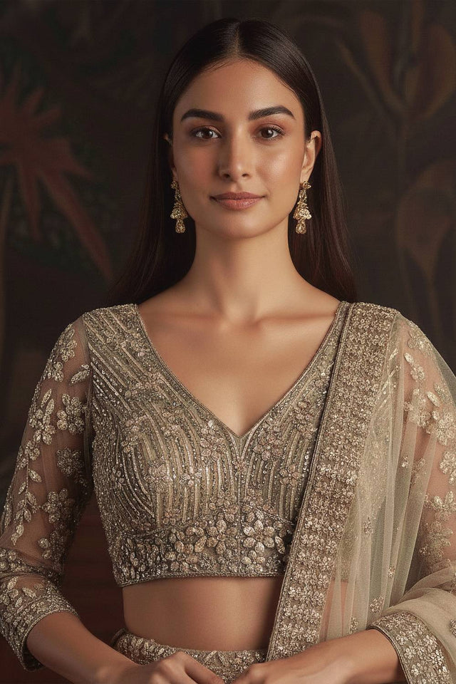 Golden Sequin with Embroidered Net Lehenga
