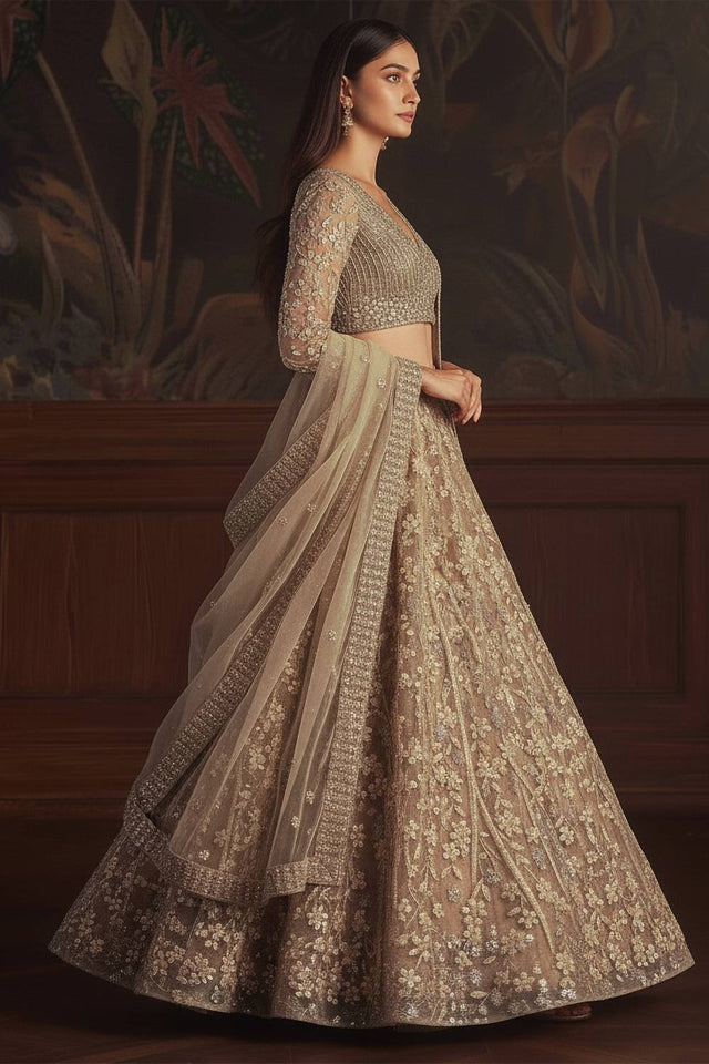 Golden Sequin with Embroidered Net Lehenga