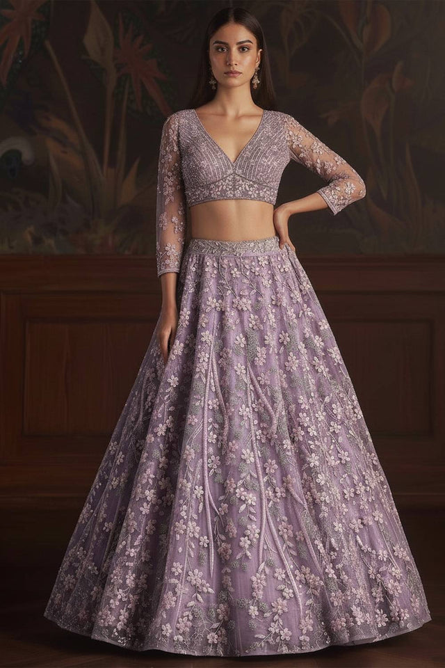Purple Sequin with Embroidered Net Lehenga