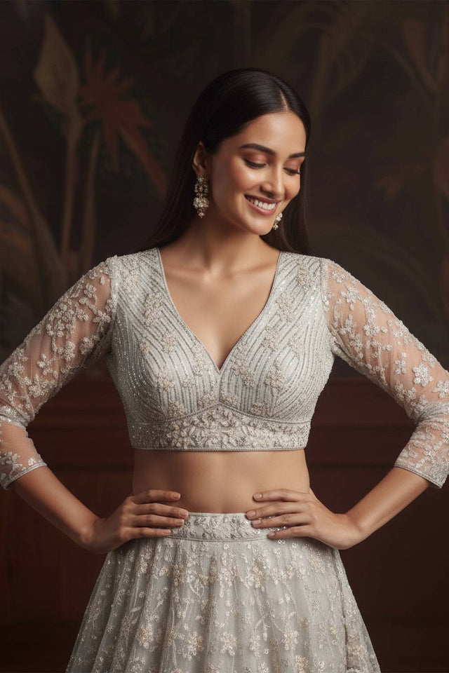 White Sequin with Embroidered Net Lehenga