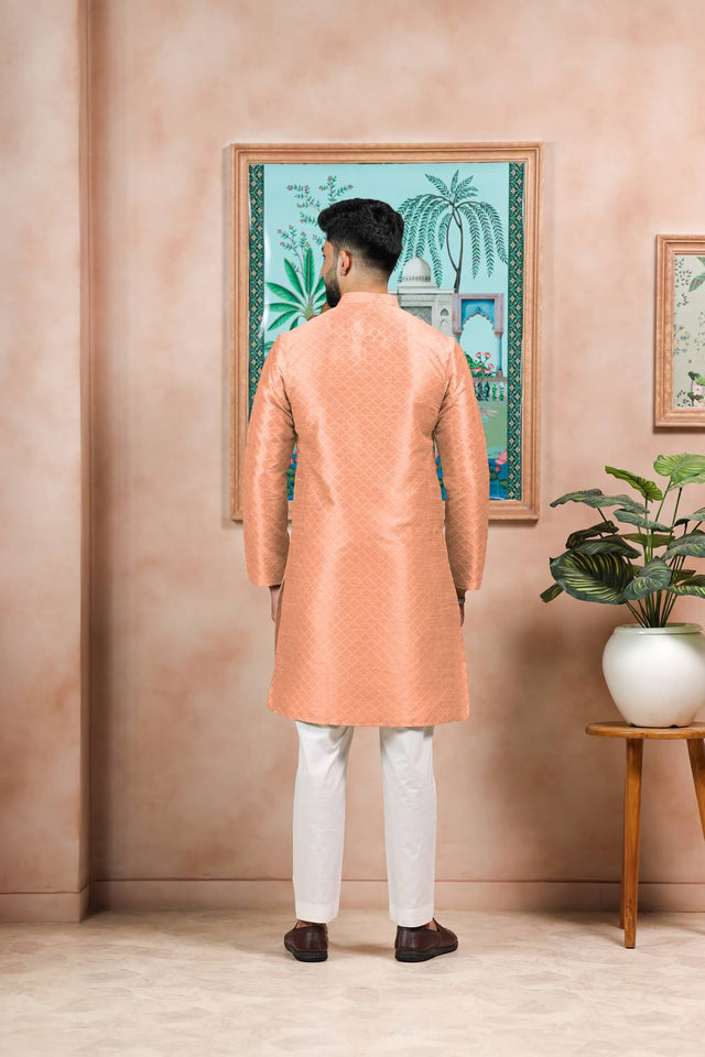 Peach Embroidered Art Silk Kurta Pyjama