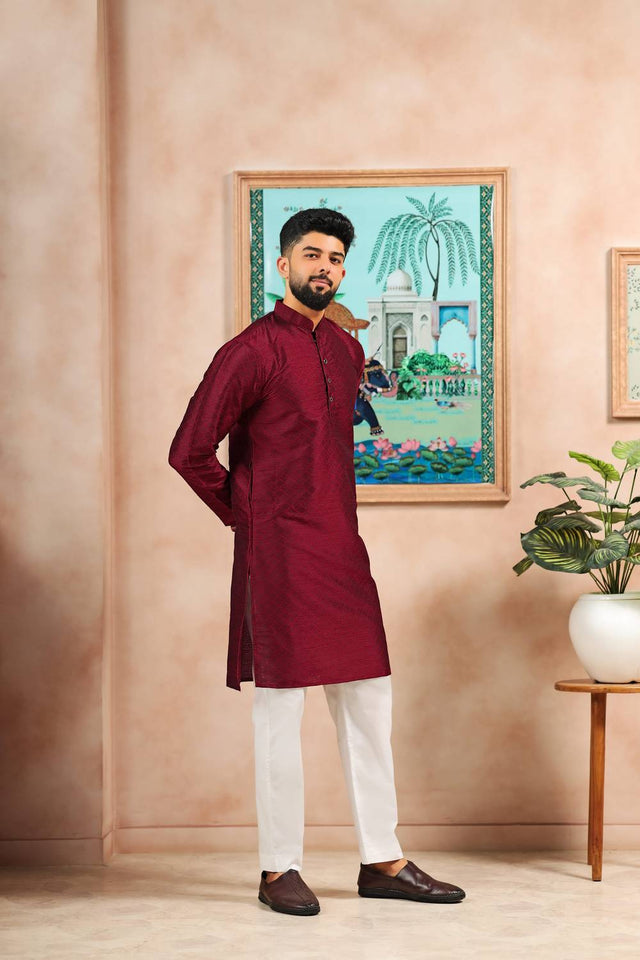 Maroon Embroidered Art Silk Kurta Pyjama