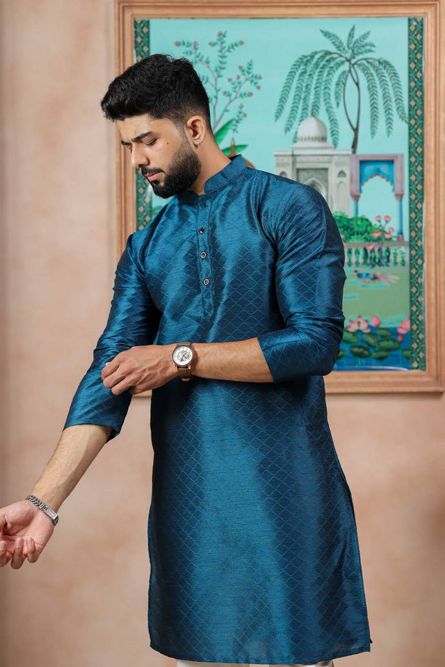 Turquoise Embroidered Art Silk Kurta Pyjama