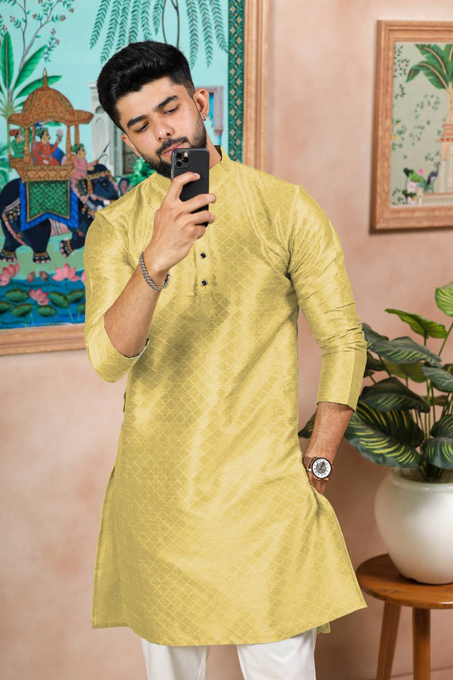 Yellow Embroidered Art Silk Kurta Pyjama