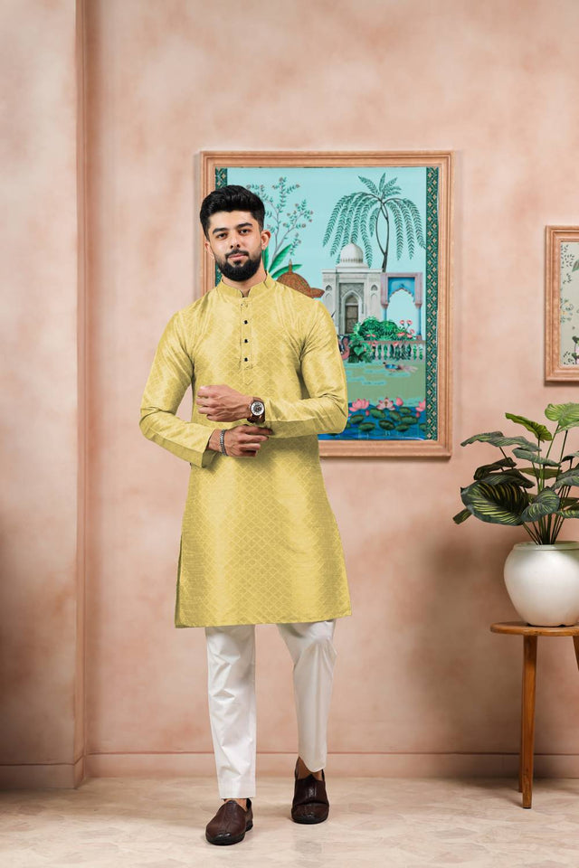 Yellow Embroidered Art Silk Kurta Pyjama
